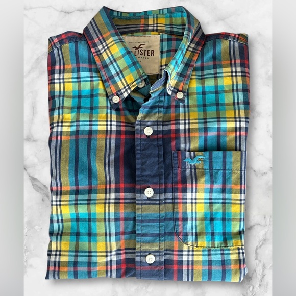 Hollister Long Sleeve Plaid Button Down Shirt Teal Seagull Logo Pocket Size XL - Picture 3 of 11